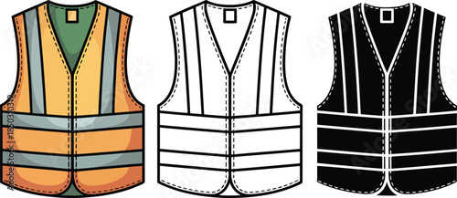 Safety vest silhouette & Outline and illustration set isolated on transparent background