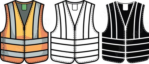 Safety vest silhouette & Outline and illustration set isolated on transparent background