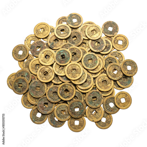Bild auf Leinwand Pile Of Ancient Chinese Bronze Coins With Square Holes