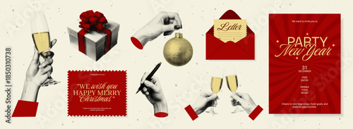 Modern New Year halftone collage elements in elegant retro style. Includes champagne toasts, gift boxes, letters, holiday tags, and invitation cards on retro  festive background.