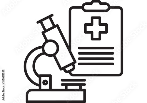 Medical research tools with microscope and clipboard line art silhouette on transparent background