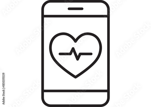 Smartphone displaying a heart with an electrocardiogram outline on transparent background silhouette