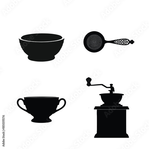 Silhouette Collection Of Vintage Kitchen Utensils And Vessels On White Keywords: vintage, kitchen, utensils, vessels