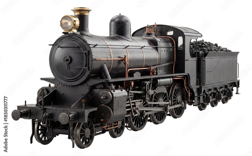 Naklejka premium Historic steam locomotive with a large coal tender and multiple wheels.