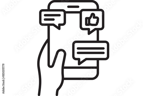 Hand holding smartphone with social media icons speech bubbles on transparent background silhouette