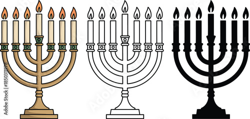 Vintage menorah with candles silhouette & Outline and illustration set isolated on transparent background