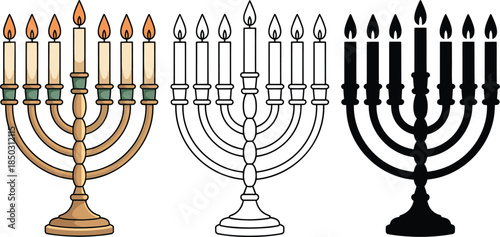 Vintage menorah with candles silhouette & Outline and illustration set isolated on transparent background