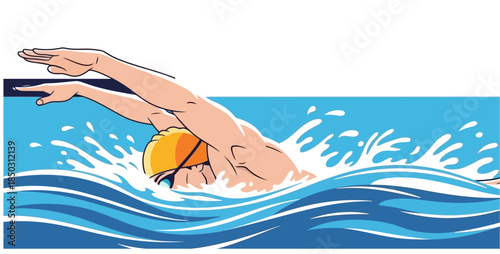Stylized illustration of a swimmer, swimming in two different water conditions, against black and white backgrounds