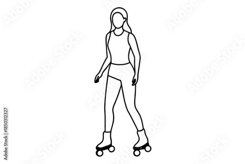 Line drawing of young woman roller skating enjoying outdoor activity