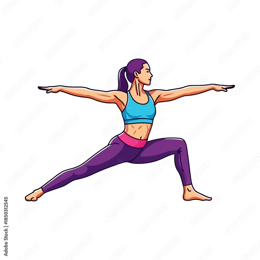 Fototapeta premium Dynamic vector illustration depicting a woman in warrior pose, split between shadowy and bright exposures, conveying balance and duality