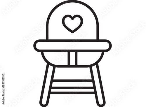 Simple black line drawing of a baby high chair with a heart on transparent background silhouette
