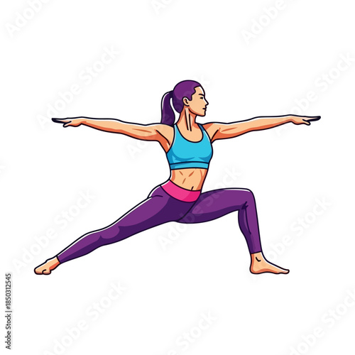 Dynamic vector illustration depicting a woman in warrior pose, split between shadowy and bright exposures, conveying balance and duality