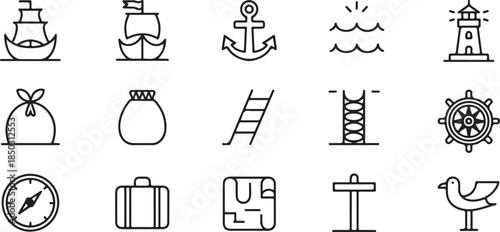 Nautical icons set with various maritime symbols and objects