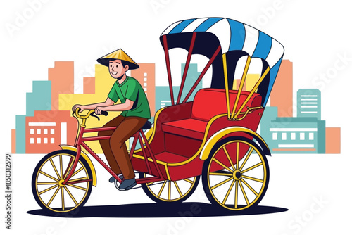 Illustration shows a man riding a rickshaw set with background of buildings in complementary color schemes