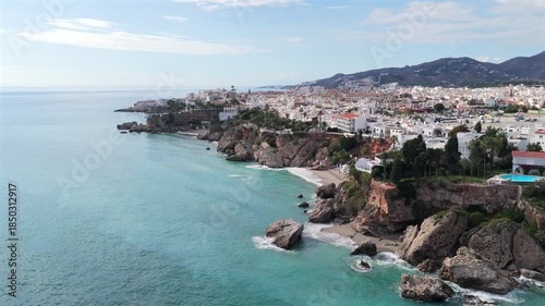 Aerial View of the Balcón de Europa Lookout Point and the Dramatic Coastline of Nerja, Andalusia, on the Mediterranean Sea