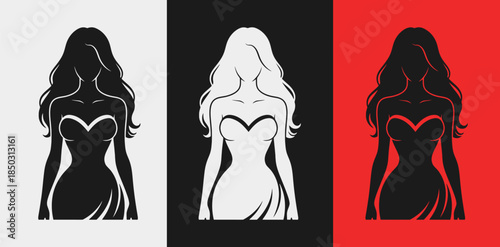 Triptych of a woman in a dress in black white and red