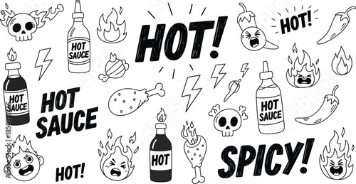 Collection of hot sauce and spicy food icons and labels