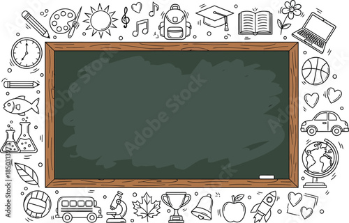 A chalkboard surrounded by various school related icons and symbols