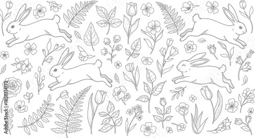 Black and white illustration of rabbits and flowers in a garden