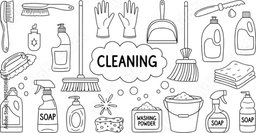 Vector illustration of various cleaning supplies and tools
