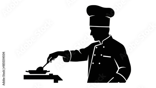Black silhouette of a chef cooking with a spatula on a stove