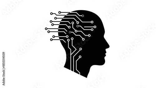 Black silhouette of a human head with circuit board lines