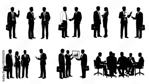 Silhouettes of business people in various professional poses and activities