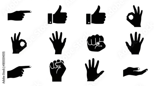 Collection of various hand gestures and signs in black silhouette