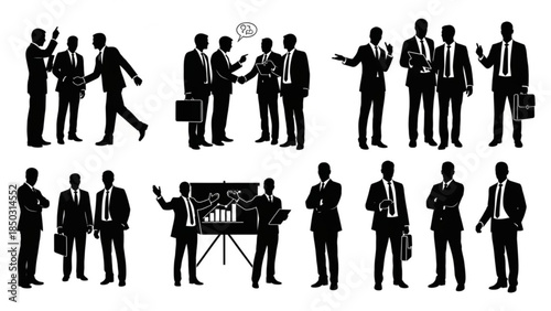 Collection of businessmen in various poses with briefcases and laptops