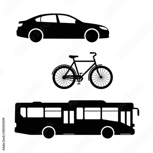 Silhouettes of car, bicycle, and bus on a