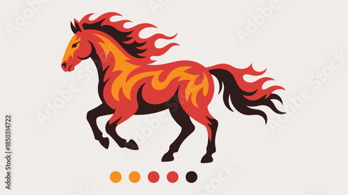 Blazing fire horse symbolizing the Chinese Year of the Horse, red horse illustration with fiery mane and flame-shaped tail, ideal for zodiac art, cultural celebrations, traditional festivals,