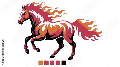 Blazing fire horse, a powerful symbol of the Year of the Horse in Chinese culture, featuring a red horse with mane and tail shaped like flames, representing strength, energy, luck, tradition,