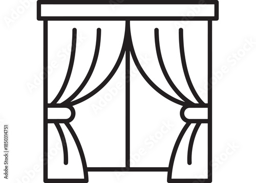Minimalist window with draped curtains line art design on transparent background silhouette