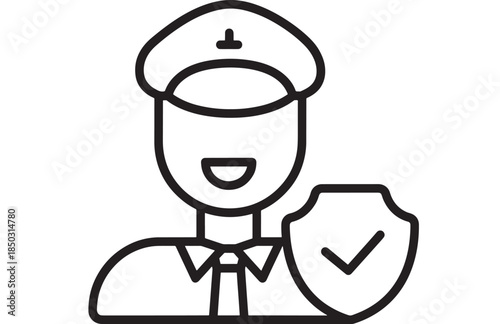 Security guard with shield and cap line icon on transparent background silhouette