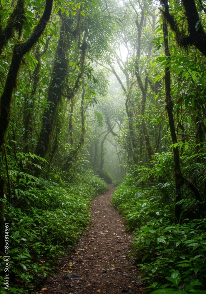 Fototapeta premium Lush Green Forest Path with Fog