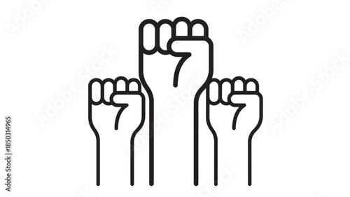 Three raised hands in a protest gesture on transparent background silhouette