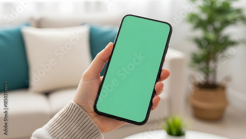 Cozy indoor scene with hand holding smartphone featuring green screen for mobile app mockups and digital content customization