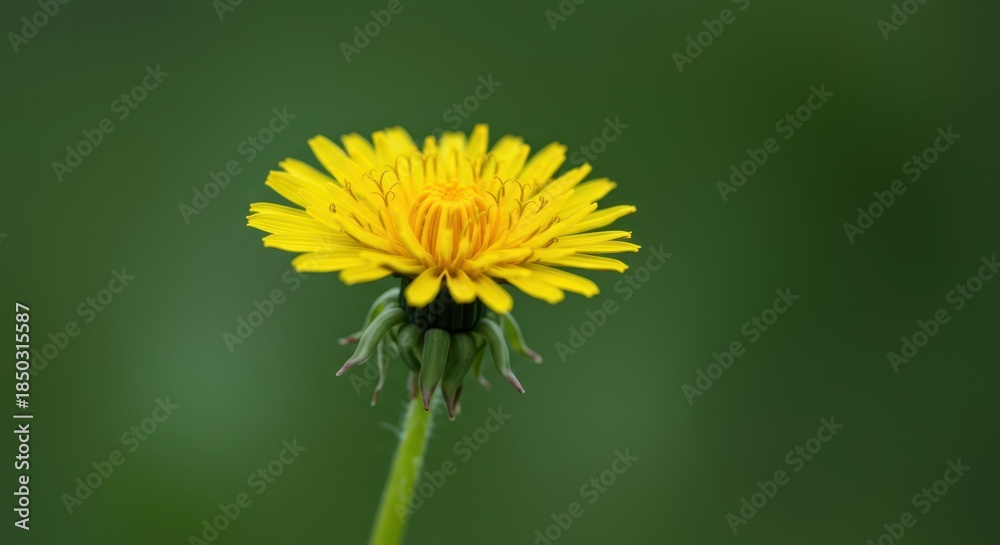 Naklejka premium Vibrant yellow dandelion flower blooming brightly against a soft green background, highlighting the delicate beauty of common wildflowers, ecology, weed, field
