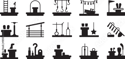 set of cinema icons in black silhouettes on white background