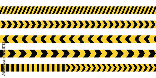 Caution tape borders set with black and yellow chevron stripes, flat vector illustration designed for warning signs, construction zones, danger alerts, safety graphics, industrial design projects,
