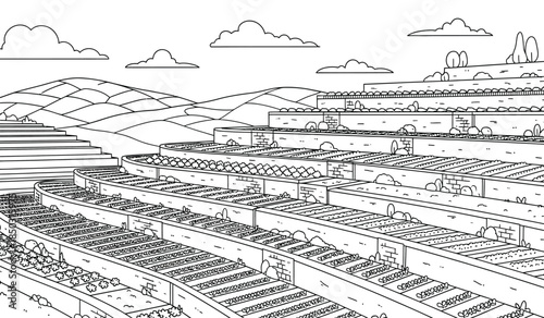 a detailed black and white illustration depicts a landscape with cascading staircases leading to a distant townscape under a cloudy sky high quality