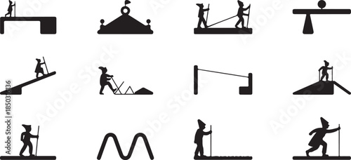 set of construction worker silhouettes on white background