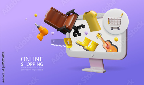 Online shopping on computer screen, marketplace app and web service 3D vector cartoon plastic style, goods purchasing