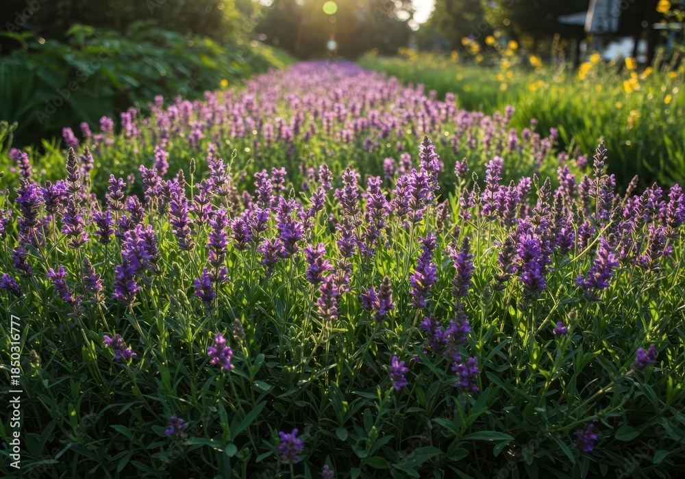 Obraz premium A vibrant, continuous row of small purple blooms nestled among lush green foliage under bright sunlight in a natural garden setting ,line, outdoor, peaceful