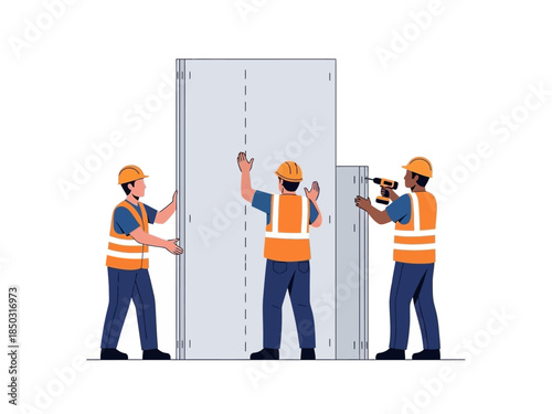 Construction workers installing a large panel on a building site.