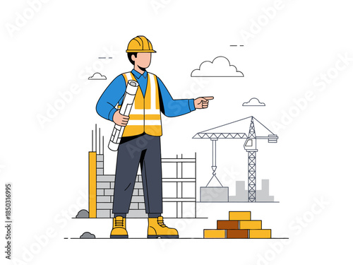 Construction worker in hard hat and vest holding blueprints pointing forward.