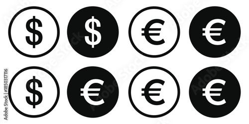 Dollar and euro currency icon set with clear currency signs and minimalist financial design, ideal for banking applications, economic infographics, finance presentations