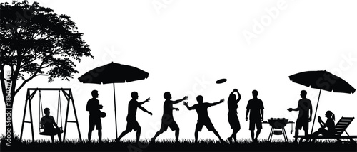 Family picnic silhouettes in park, outdoor leisure activity, summer recreation, people playing games, barbecue gathering illustration design