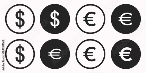 Dollar euro currency icon set featuring clean financial symbols and minimalist money graphics, perfect for banking apps, financial presentations, economic infographics, fintech dashboards, account