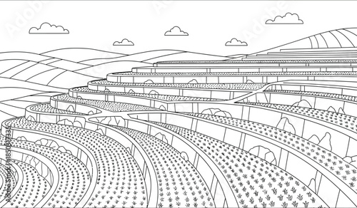 an intricate line drawing depicts a terraced landscape with winding pathways rolling hills and scattered clouds above creating a minimalist scene high quality